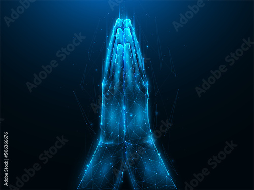 Polygonal vector illustration of praying hands on dark blue background. Pray low poly design. Religious futuristic banner template or background. Religious hand gesture concept.