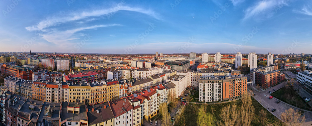 Aerial panorama of Wroclaw city in Poland, Urban cityscape with historical european architecture