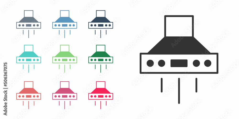 Black Kitchen extractor fan icon isolated on white background. Cooker hood. Kitchen exhaust. Household appliance. Set icons colorful. Vector Black Kitchen extractor fan icon isolated on white background. Cooker hood. Kitchen exhaust. Household appliance. Set icons colorful. Vector