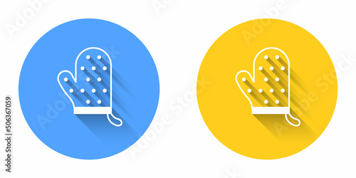 White Oven glove icon isolated with long shadow background. Kitchen potholder sign. Cooking glove. Circle button. Vector