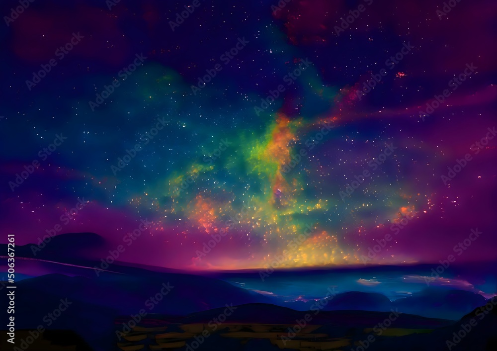 Milky Way and colorful light at mountains. Night colorful landscape. Starry sky with hills. Beautiful Universe. Space background with galaxy. Travel background