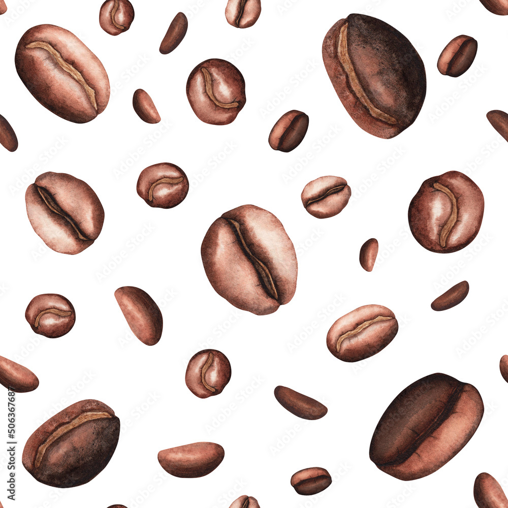 Coffee arabica roasted beans seamless pattern on white background. Watercolor hand drawing illustration. Art for design Coffee arabica roasted beans seamless pattern on white background. Watercolor hand drawing illustration. Art for design