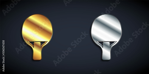 Gold and silver Racket for playing table tennis icon isolated on black background. Long shadow style. Vector