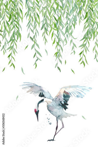 Watercolor painting of a crane bird with willow leaves on top, in the oriental Chinese style. 