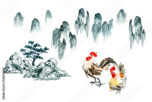Watercolor painting of chicken with tree and mountain in the minimal oriental Chinese style. 