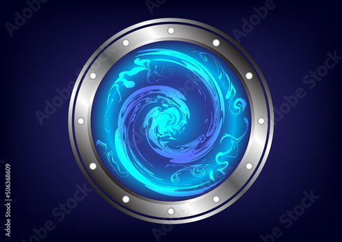 Circle teleport podium. Portal science futuristic stage. Sci-fi digital hi-tech in HUD projector. Magic gate in game fantasy. GUI and UI virtual reality 3D iron. Portal to another universe. Warp ring