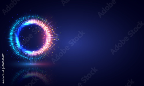 Glowing HUD circle. Light , ray and sparking ring. Colorful tunnel. Bright border. Magic portal. Luminous electron and glint swirling. Fireworks model. Abstract circle neon and shadow background