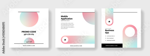 Elegant color gradient instagram and facebook templates, modern business square banners for social media, minimalistic look with rounded corners elements, product presentation
