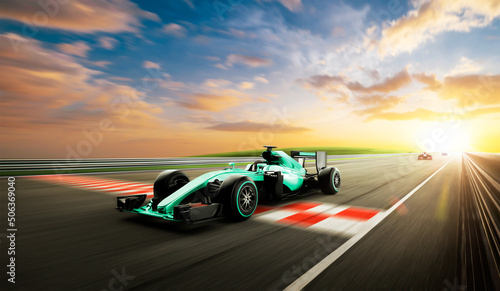 Driver pass the finishing point and Race car racing on a track with motion blur. 3D Rendering. © Image Craft