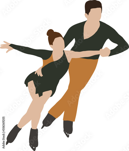 A pair of skaters skates on the ice in an embrace