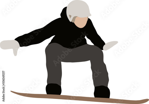 Snowboarder in a white helmet jumping on a snowboard