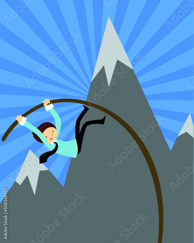 Man pole vault on the background of a snowy mountain