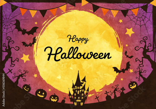 城や蝙蝠のシルエットのハロウィンの満月の夜のベクターイラスト背景(ガーランド,art,holiday,card,celebration,silhouette)