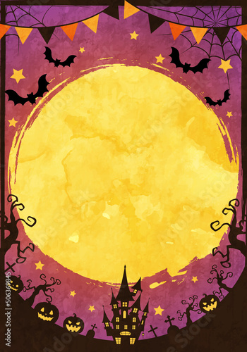 城や蝙蝠のシルエットのハロウィンの満月の夜のベクターイラスト背景(ガーランド,art,holiday,card,celebration,silhouette)