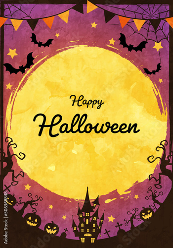 城や蝙蝠のシルエットのハロウィンの満月の夜のベクターイラスト背景(ガーランド,art,holiday,card,celebration,silhouette)