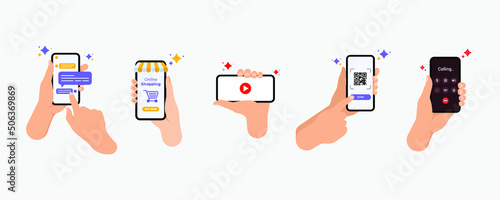 Set of Hands holding smartphones Communication, social networking Vector illustration