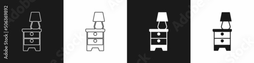 Set Furniture nightstand with lamp icon isolated on black and white background. Vector
