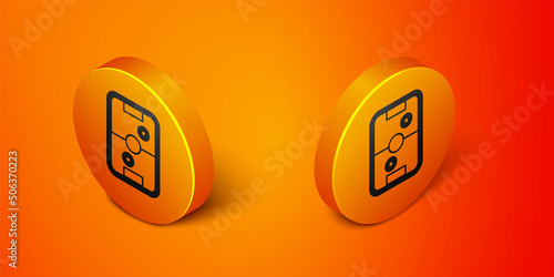 Isometric Air hockey table icon isolated on orange background. Orange circle button. Vector