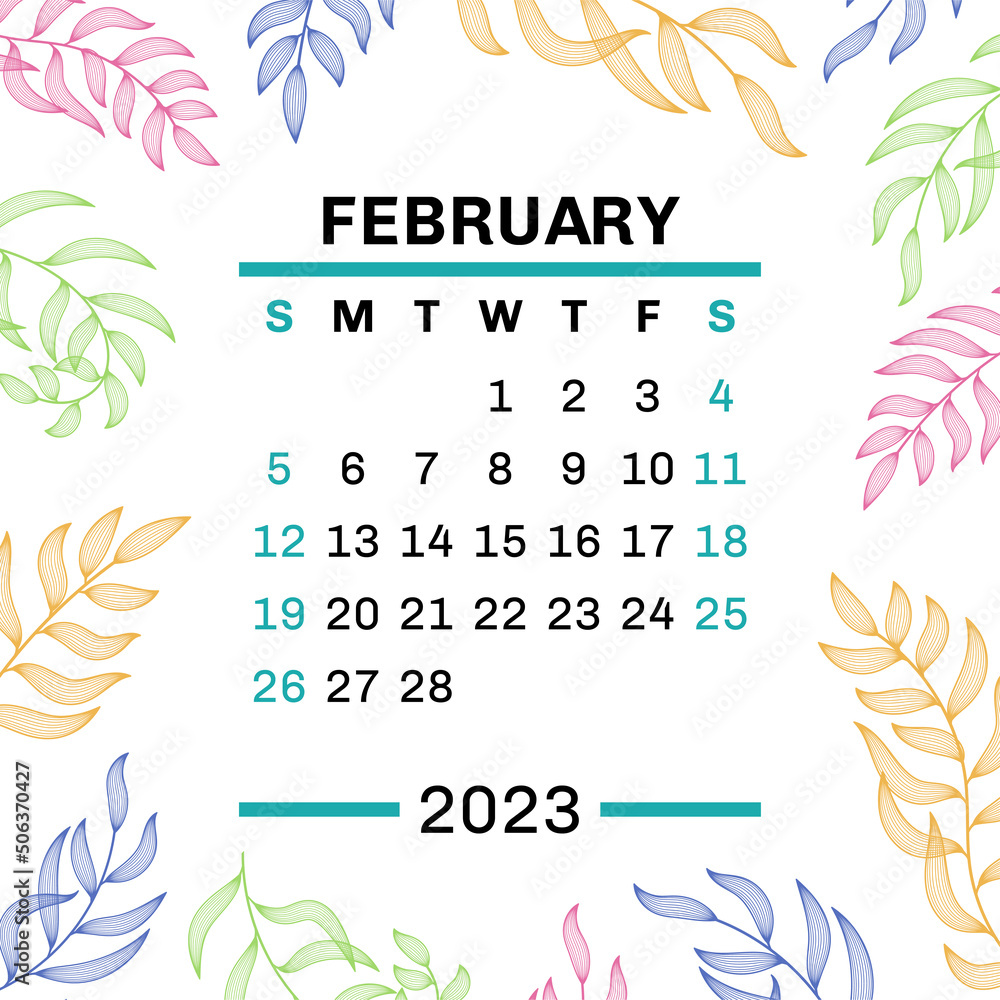 February. Calendar 2023. Leaves. Vector leaf. Hand drawn repeating elements. Fashion design print. Natural background