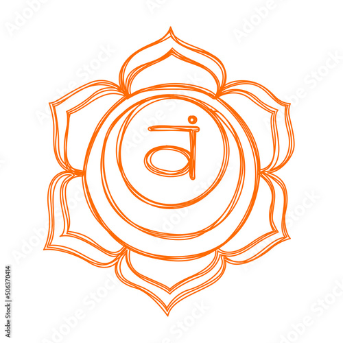 Swadhisthana chakra. Pencil drawing. Hand drawn vector art. Om sign. Orange circle. Sacral icon. Meditation
