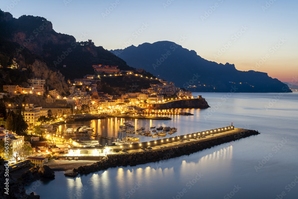 Town on Amalfi coast at sunrise, Campania, Italy