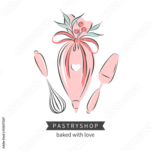 Pastry and bread shop. Set of tools for making cakes, cookies and pastries. Vector illustration for logo, menu, recipe book, baking shop, cafe.