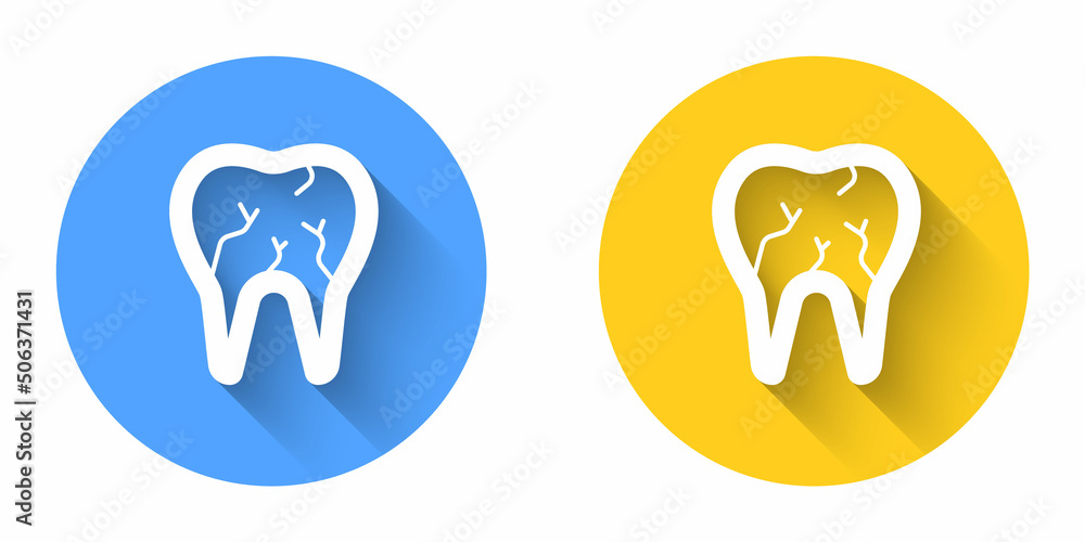 White Broken tooth icon isolated with long shadow background. Dental problem icon. Dental care symbol. Circle button. Vector White Broken tooth icon isolated with long shadow background. Dental problem icon. Dental care symbol. Circle button. Vector