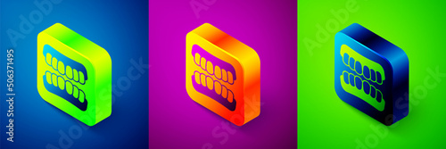 Isometric Dentures model icon isolated on blue, purple and green background. Teeth of the upper jaw. Dental concept. Square button. Vector