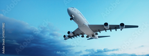 Conceptual flying white passenger jetliner or commercial plane after take off rising over a beautiful sky background. 3D illustration for jet transportation, travel industry or modern freedom concept