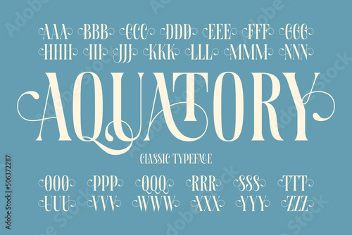 Vector classic typeface named Aquatory with english alphabet photo