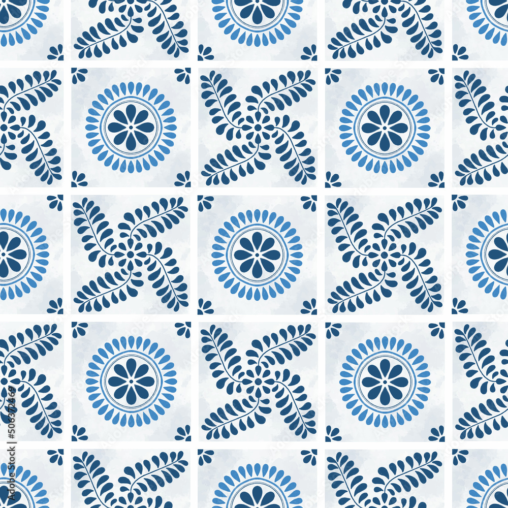 Mediterranean tiles with botanical elements seamless pattern background Mediterranean tiles with botanical elements seamless pattern background