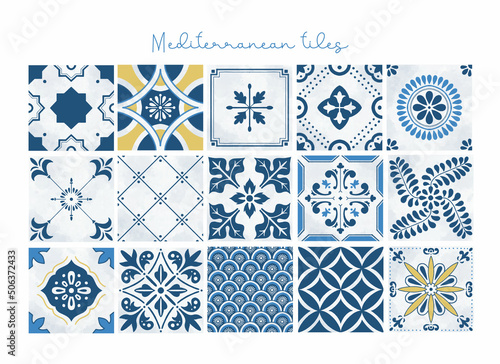 Blue and yellow Mediterranean tiles elements set isolated 