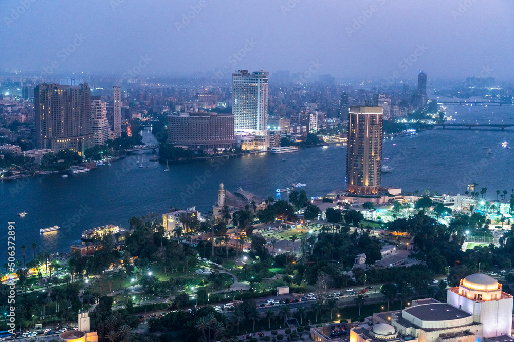 Egypt, Cairo, View of Gezira island at dusk with Cairo Opera House in foreground and river Nile in background Egypt, Cairo, View of Gezira island at dusk with Cairo Opera House in foreground and river Nile in background