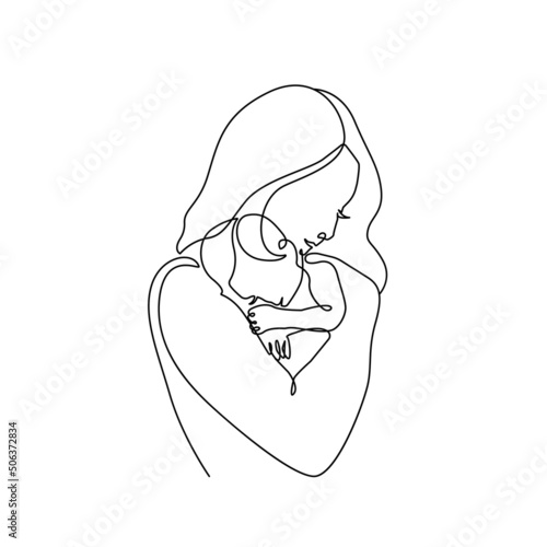 Mothers Day Continuous Line Art Drawing. Single Line Drawing of Woman with Baby. Happy Mother Minimalist Contour Illustration for Wall Decor, Poster, Card, Social Media. Vector EPS 10.