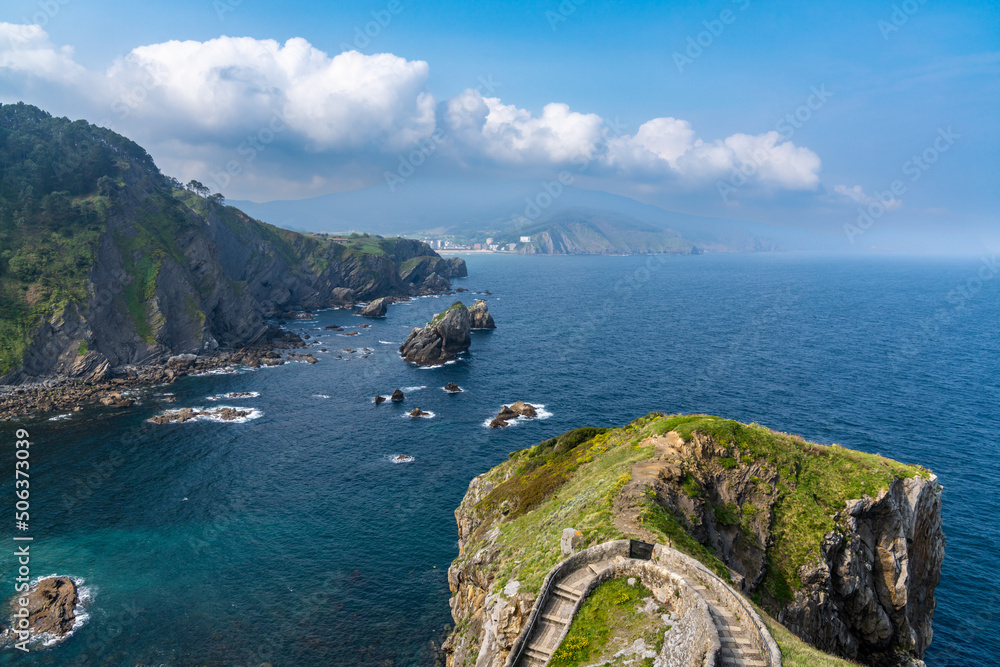 long and winding stone stairs leading up to the Church of San Juan de Gaztelugatxe with a view of the coast of the Spanish Basque Country