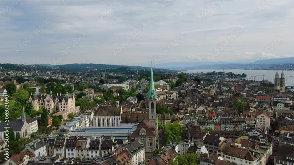 Aerial view of Predigerkirche church and Zurich central library, Switzerland