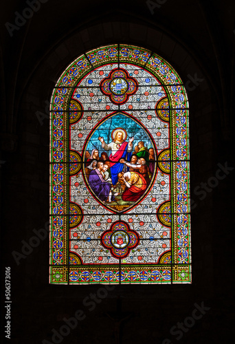 detail view of a stained glass window in the Saint Pierre du Carennac church