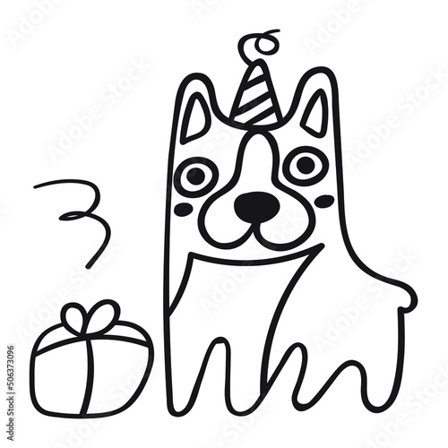 Dog with present box. Birthday concept. Vector outline icon on white background.