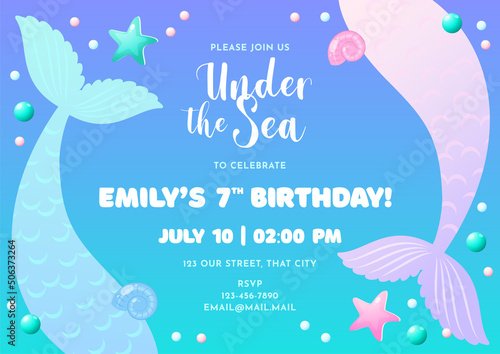 Birthday party invitation template. Cute illustration of mermaid tails, pearls and star fish. Vector 10 EPS.