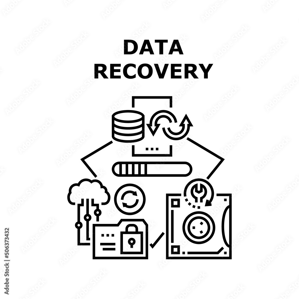 Obraz premium Data Recovery Vector Icon Concept. Data Recovery Software And Computer Service Occupation, Private Information And Media Files Renewal From Digital Hard Disc And Locked Folder Black Illustration