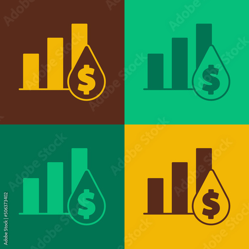 Pop art Pie chart infographic and dollar symbol icon isolated on color background. Diagram chart sign. Vector