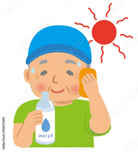 太陽の下で汗を拭きながら水を飲むシニア男性