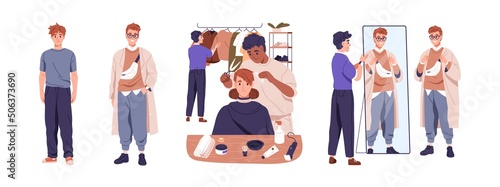 Man makeover, image transformation, before and after. Person changing appearance, wardrobe, haircut. Barber, stylist improving male look. Flat graphic vector illustration isolated on white background