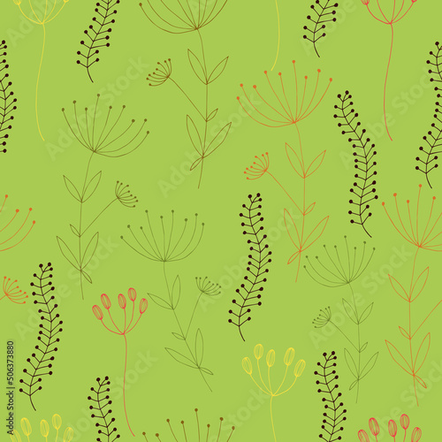Summer floral drawing of colorful umbrellas on a bright green background. Seamless pattern.