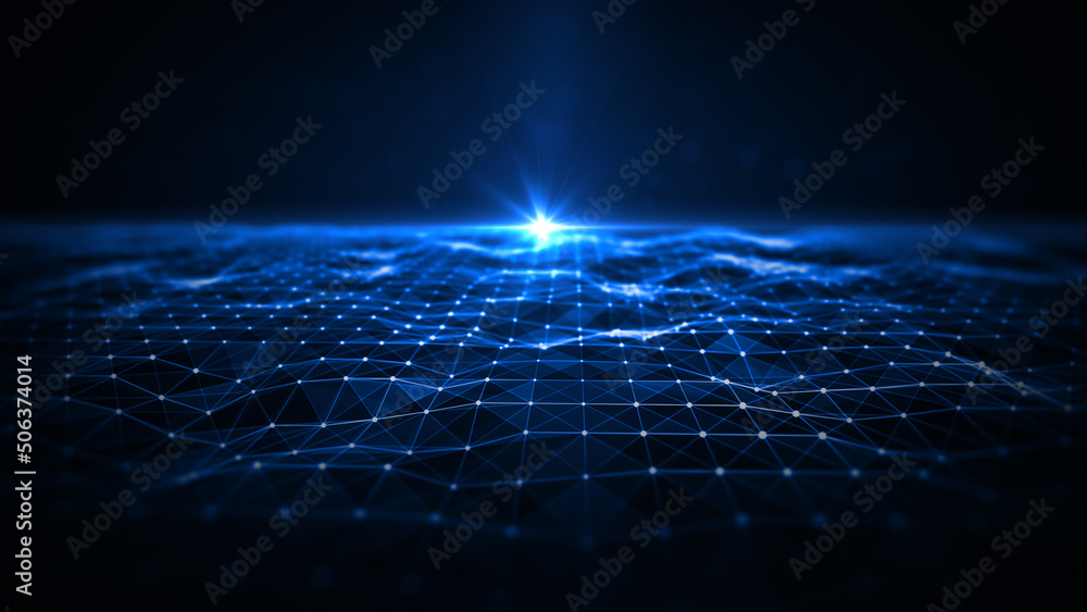 Technology digital data network with dots and lines, Blockchain and polygon, Blue abstract background 3d rendering - obrazy, fototapety, plakaty 