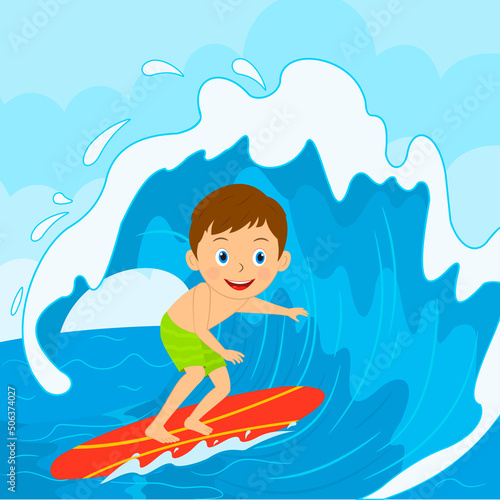 Young boy surfing on the wave in the sea