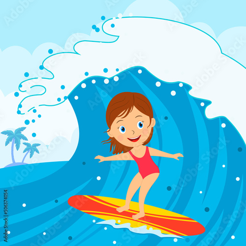 Young girl surfing on the wave in the sea © Irina