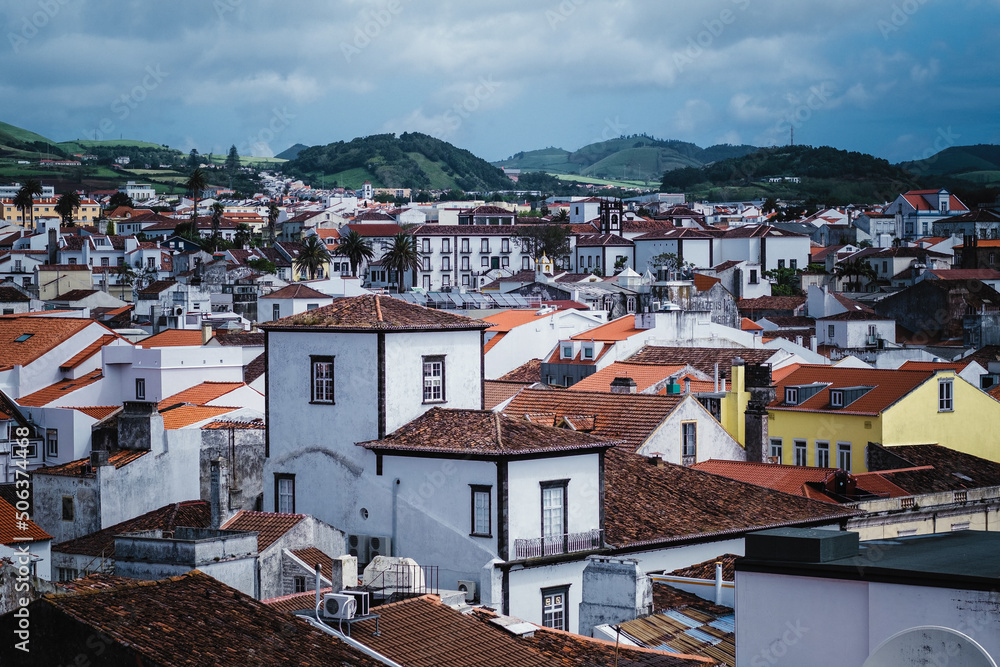 View of rooftops in Ponta Delgada on Sao Miguel island, Azores, Portugal.