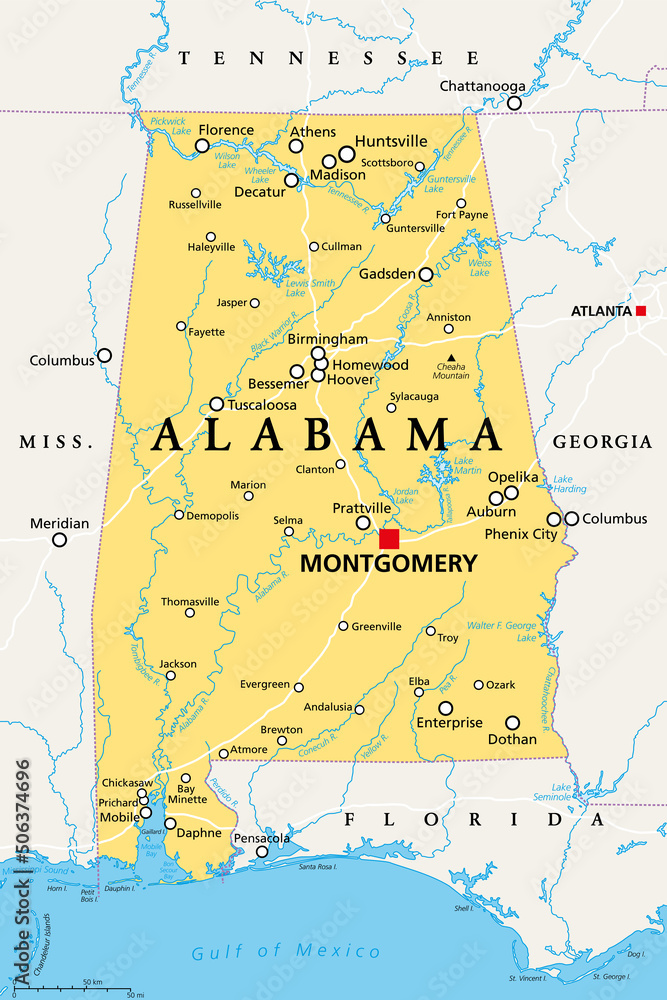 Alabama AL political map with the capital Montgomery cities rivers Alabama AL political map with the capital Montgomery cities rivers