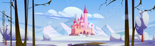 Winter landscape with castle, mountains, white snow and road. Vector cartoon illustration of royal palace, old chateau with towers on hill, snowy land with path and bare trees